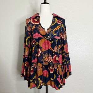 Anthropologie Jaase Boho Floral Print Flowy Hippie Bell Sleeves Blouse, Size XS